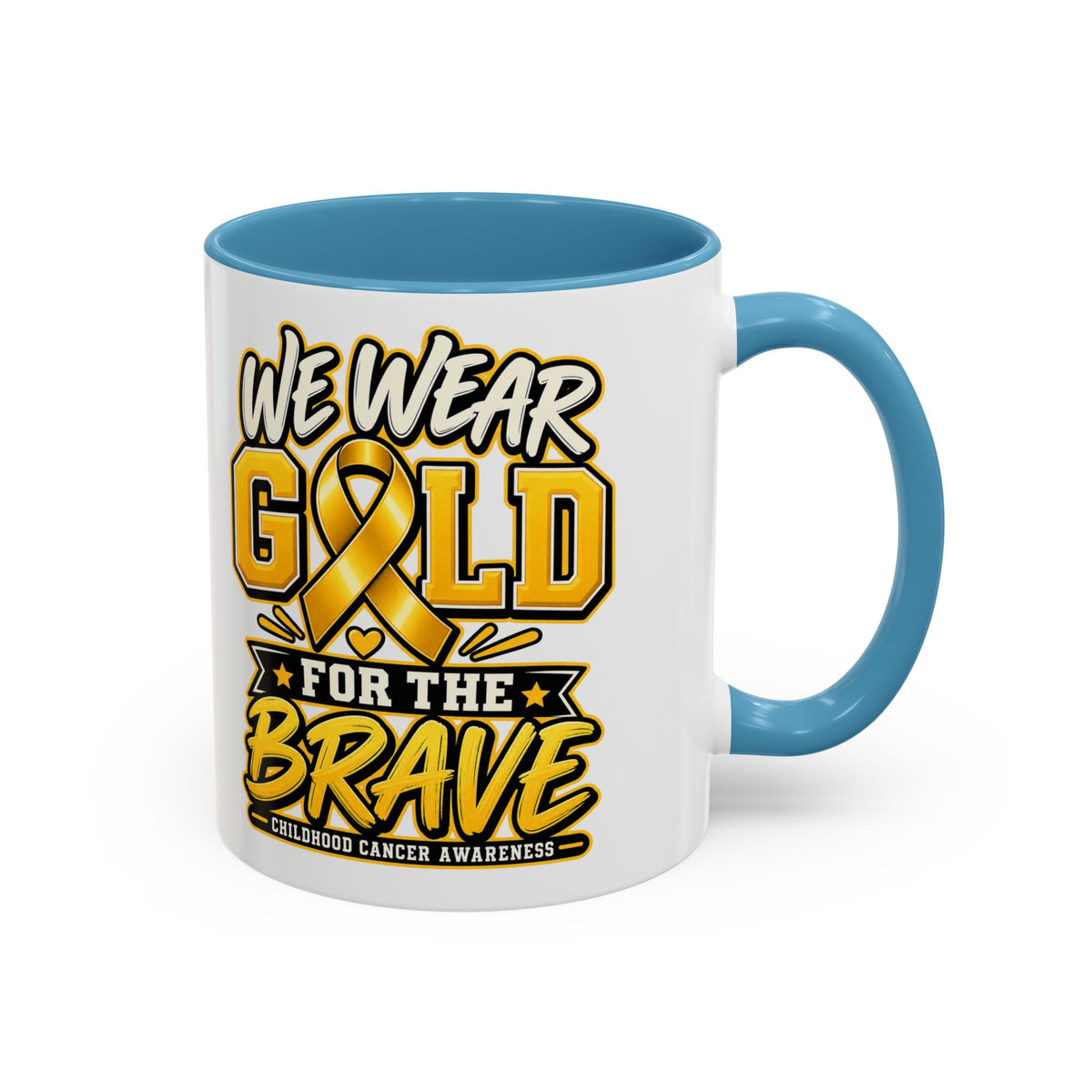 Childhood Cancer Awareness Accent Coffee Mug – "We Wear Gold for the Brave" (11/15 oz)