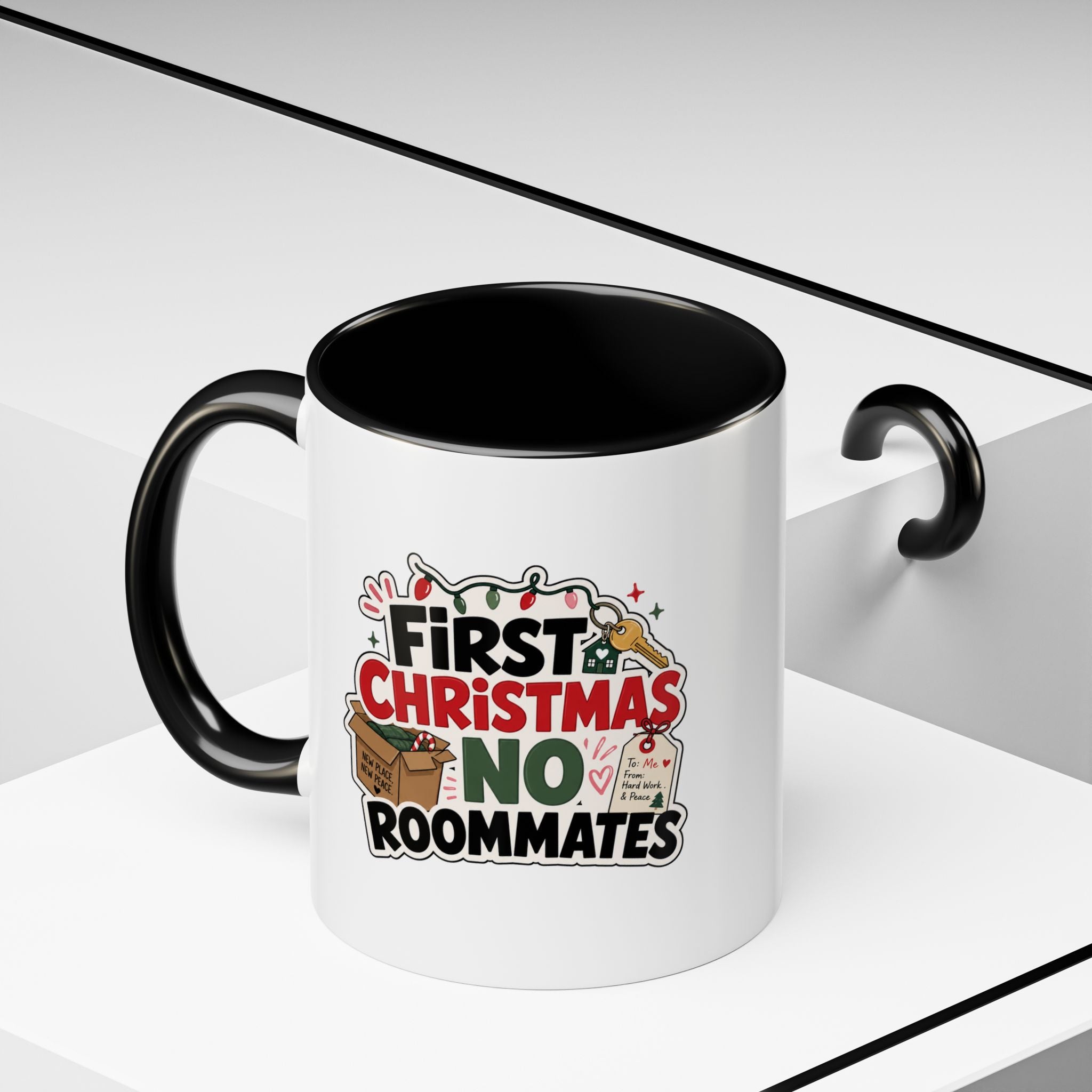 Modern Day Christmas First Christmas No Roommates Accent Coffee Mug — Funny Holiday Gift for New Homeowners & Dorm Residents