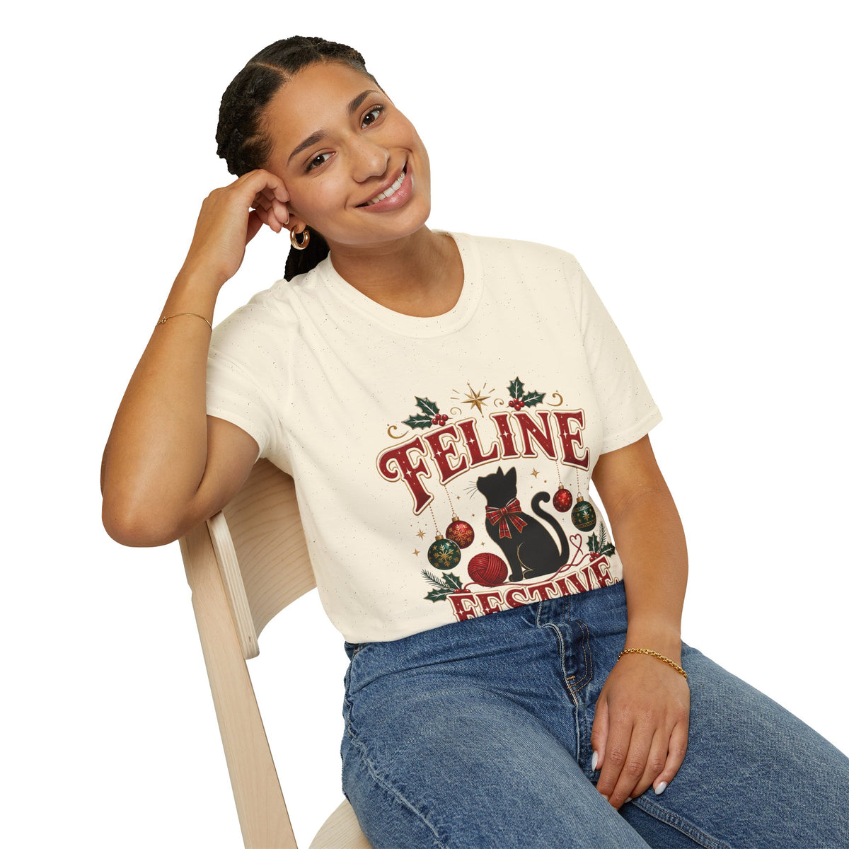 Feline Festive T-Shirt — Cute Black Cat Christmas Holiday Tee
