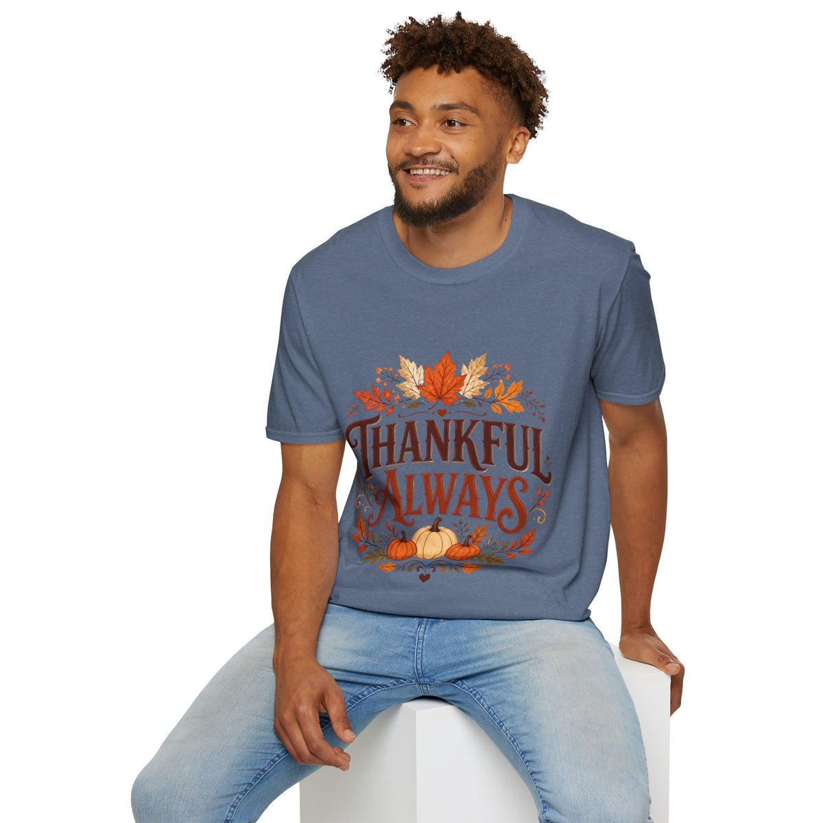Thanksgiving T-Shirt Thankful Always T-Shirt — Autumn Leaves & Pumpkins Thanksgiving Tee