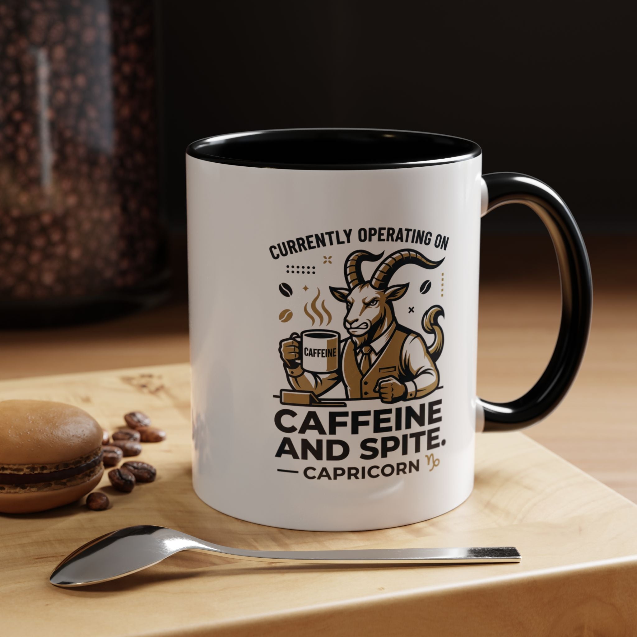 Capricorn Coffee Mug — “Currently Operating on Caffeine and Spite” Accent Mug (11/15oz)