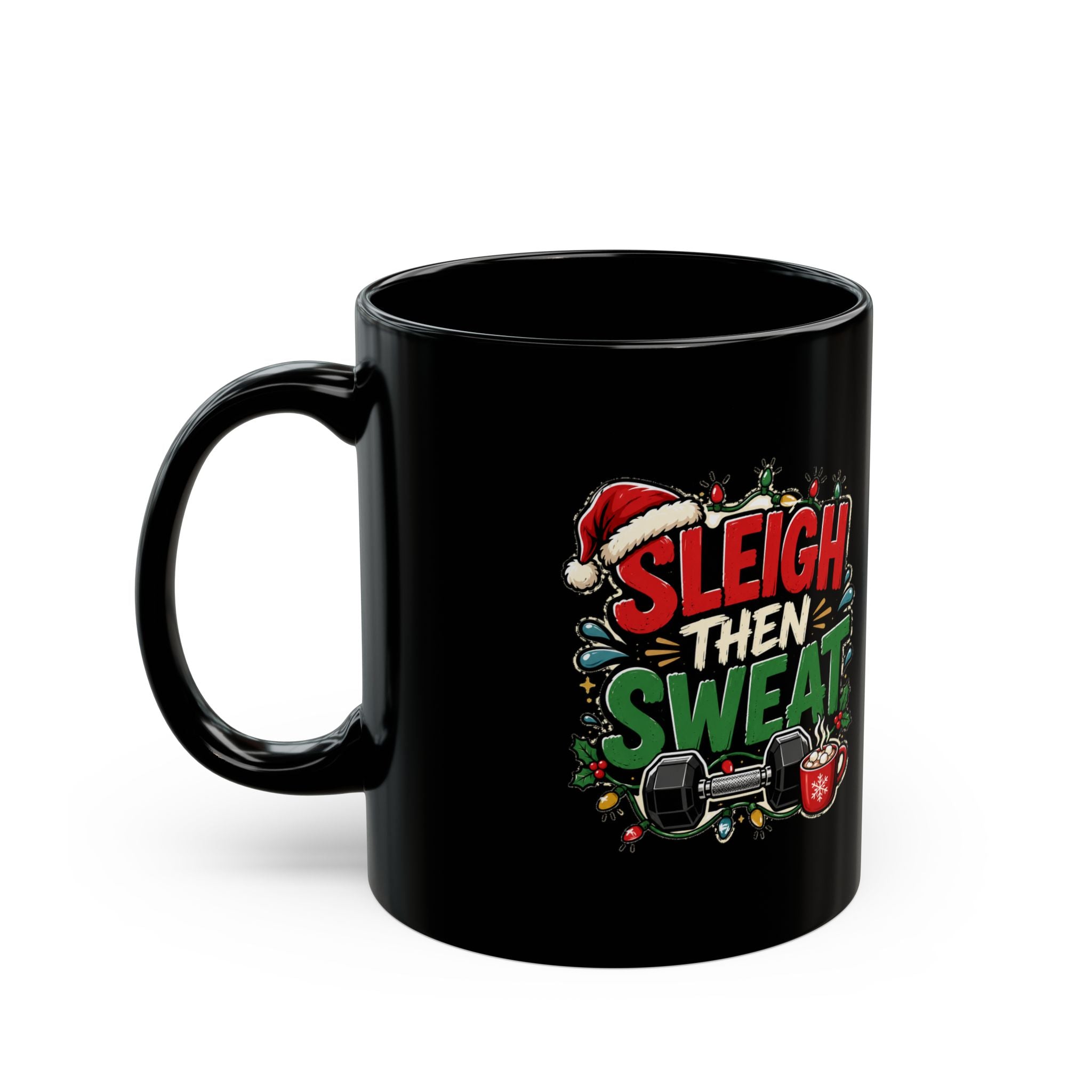 Modern Day Christmas Sleigh Then Sweat Black Mug — Christmas Fitness Coffee Cup