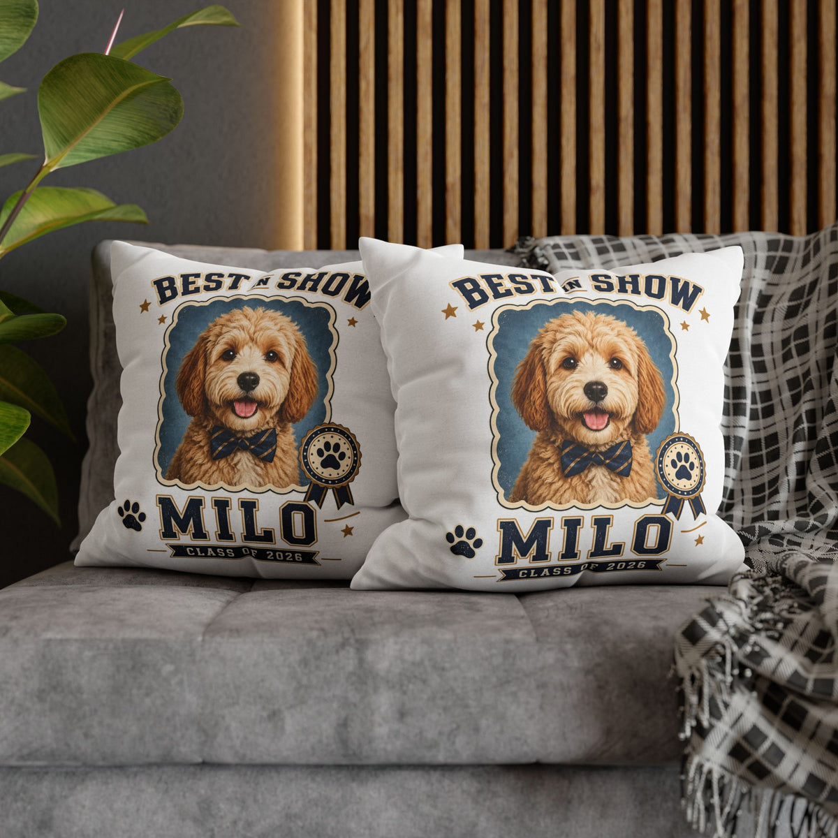 Best in Show Personalized Dog Pillowcase — "Milo" Pet Portrait Cushion (Class of 2026) Milo Bailey Dog Dad Mom