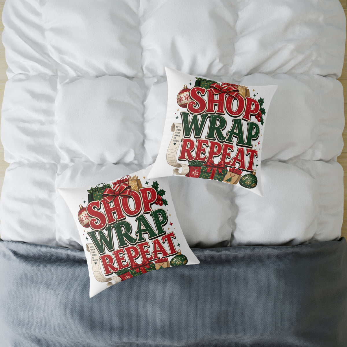 Christmas Square Pillow - 'Shop Wrap Repeat' Christmas Holiday Decorative Throw Pillow