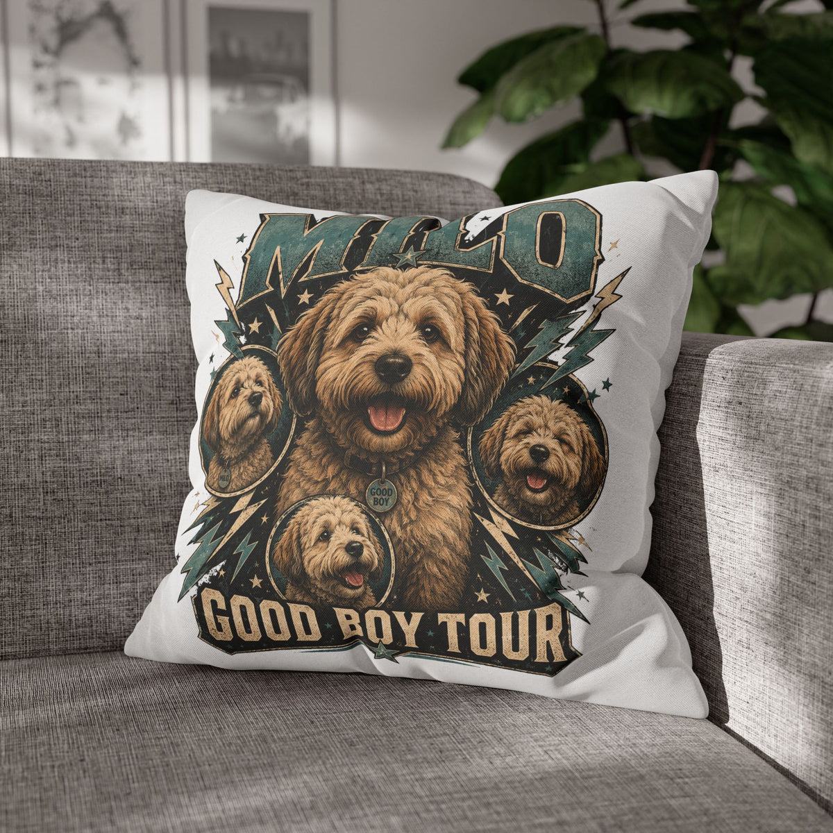Milo "Good Boy Tour" Decorative Pillowcase — Cute Dog Portrait Square Throw Pillowcase Milo Bailey Dog Dad Mom