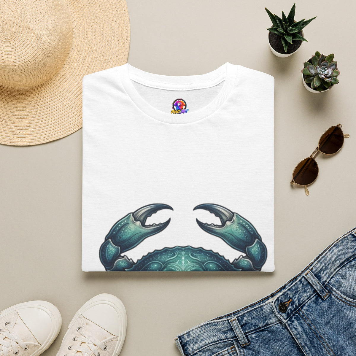 Cancer Zodiac Crabby Coastal Tee - Blue Green Crab Graphic T-Shirt