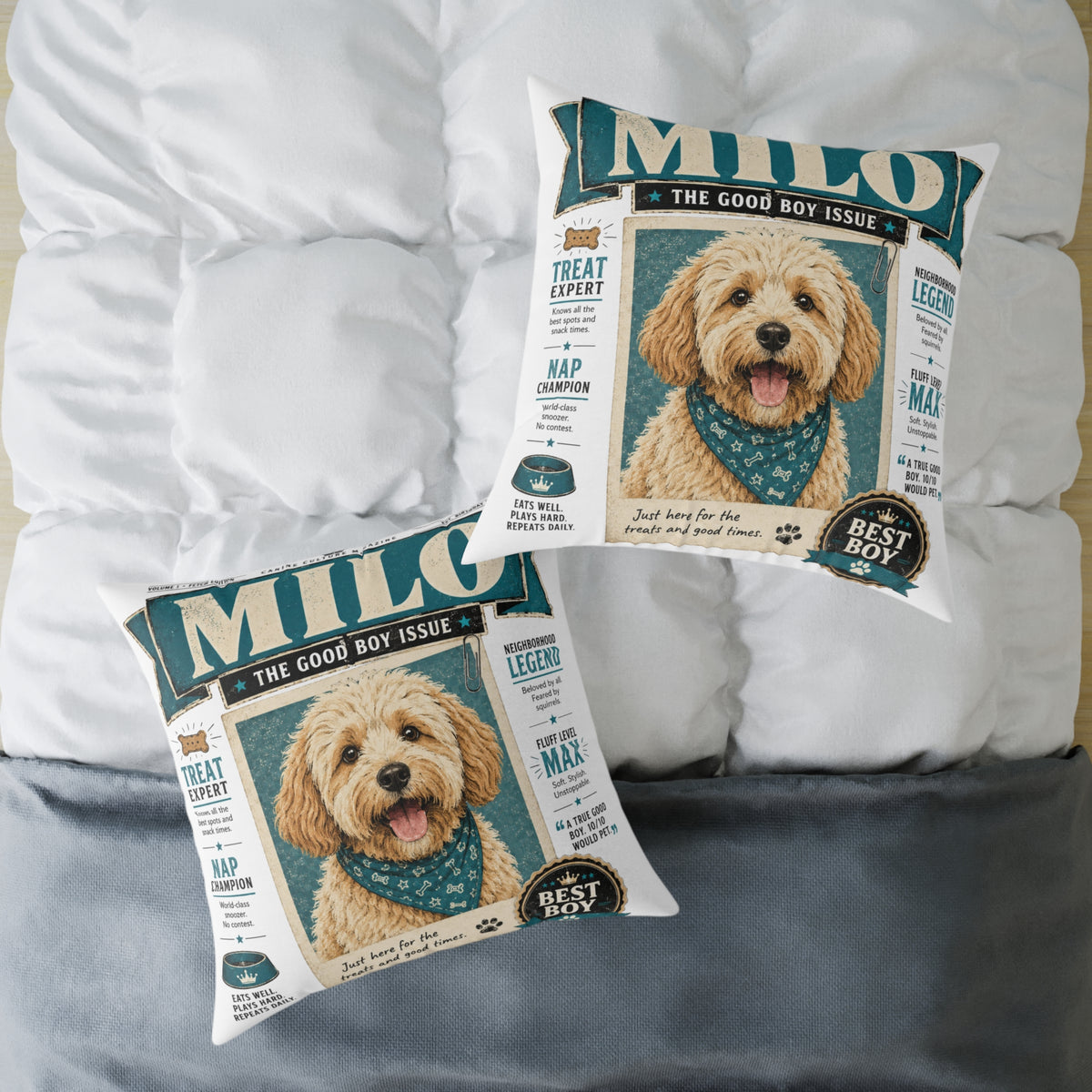 Personalized Dog Magazine Cover Pillow  Milo Bailey Dog Dad Mom — 'MILO' Square Poly Canvas Throw Pillow