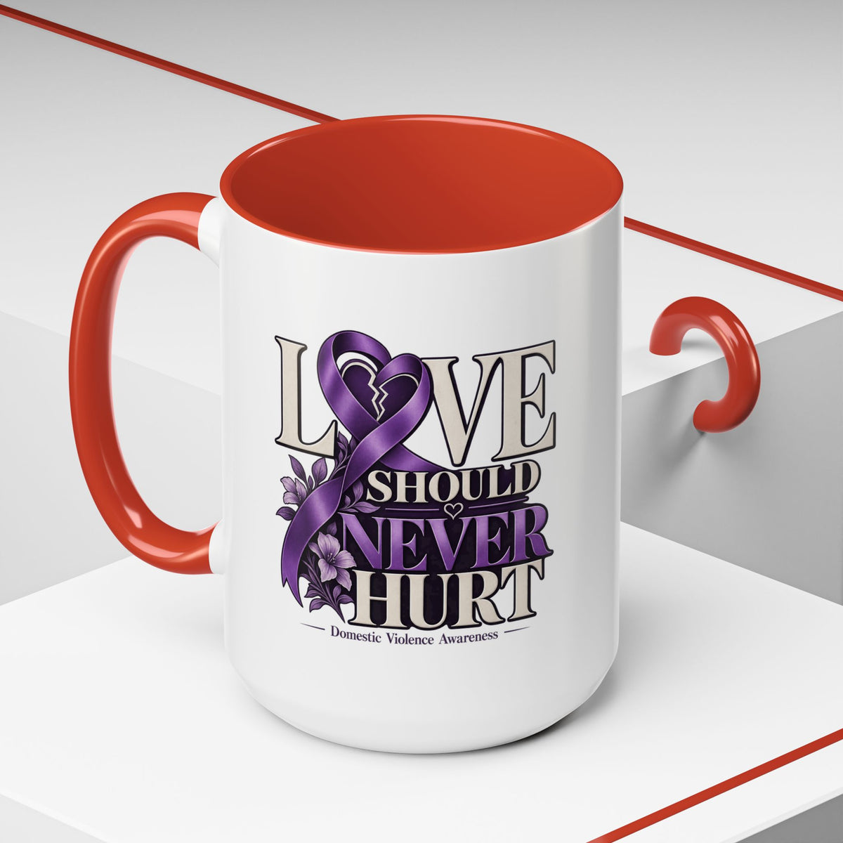 Domestic Violence Awareness Accent Coffee Mug – "Love Should Never Hurt" (11/15oz)