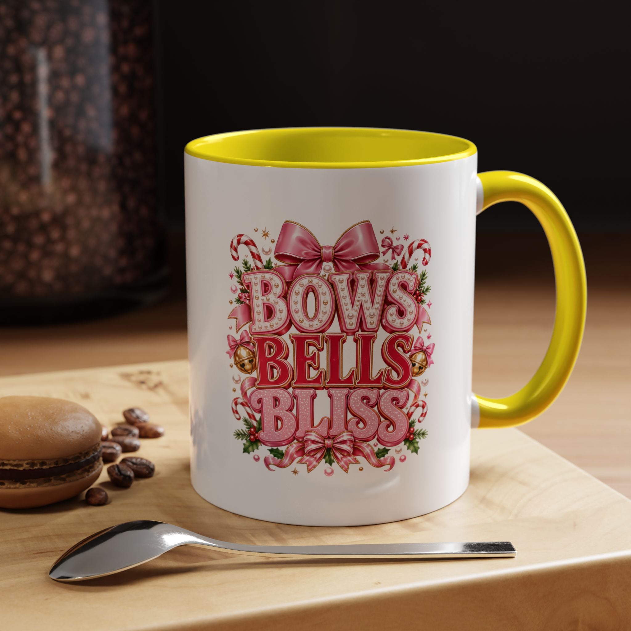 Modern Day Christmas Bows Bells Bliss Coffee Mug — Pink Holiday Accent Mug