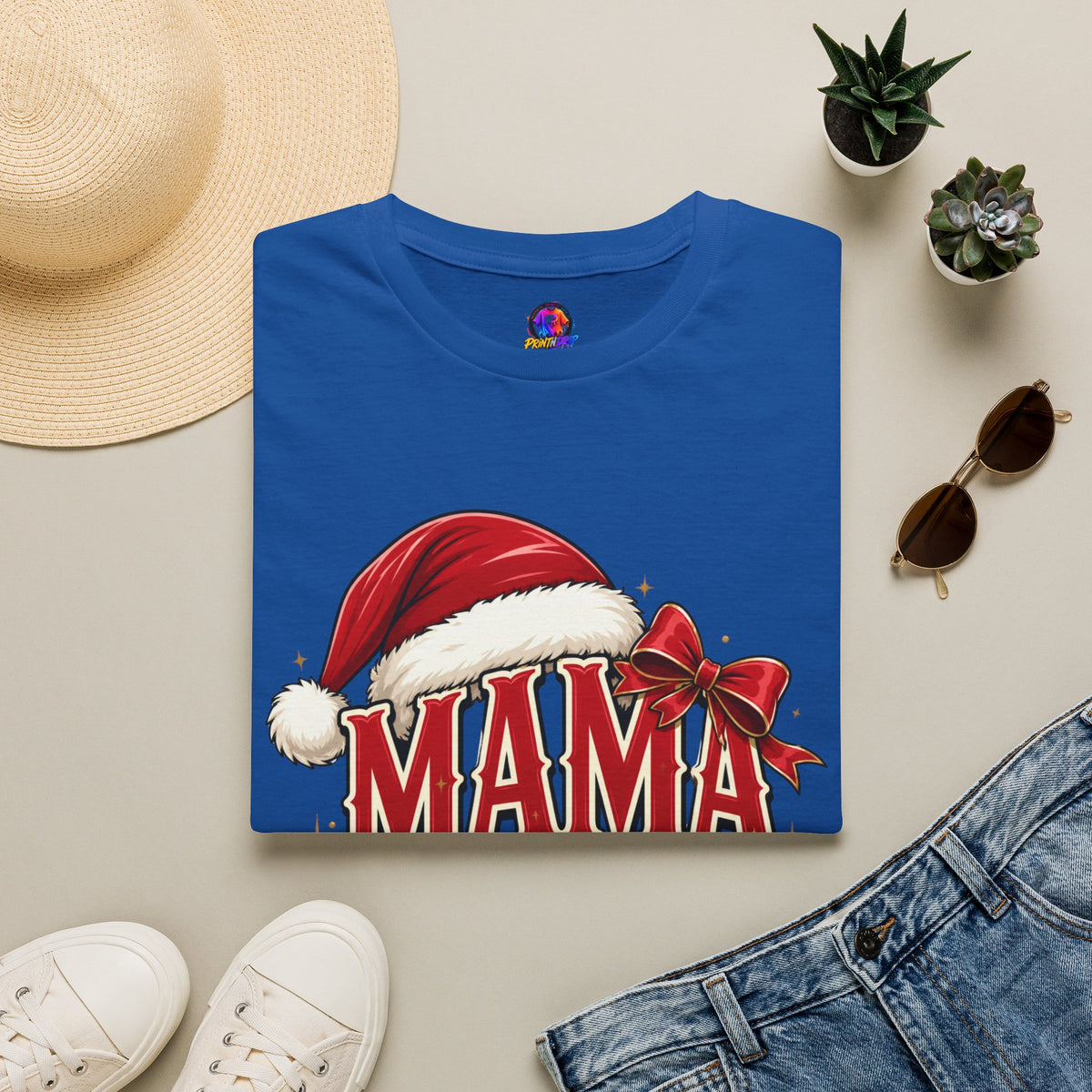 Mama Claus T-Shirt — Festive Christmas Mom Tee with Santa Hat & Bow