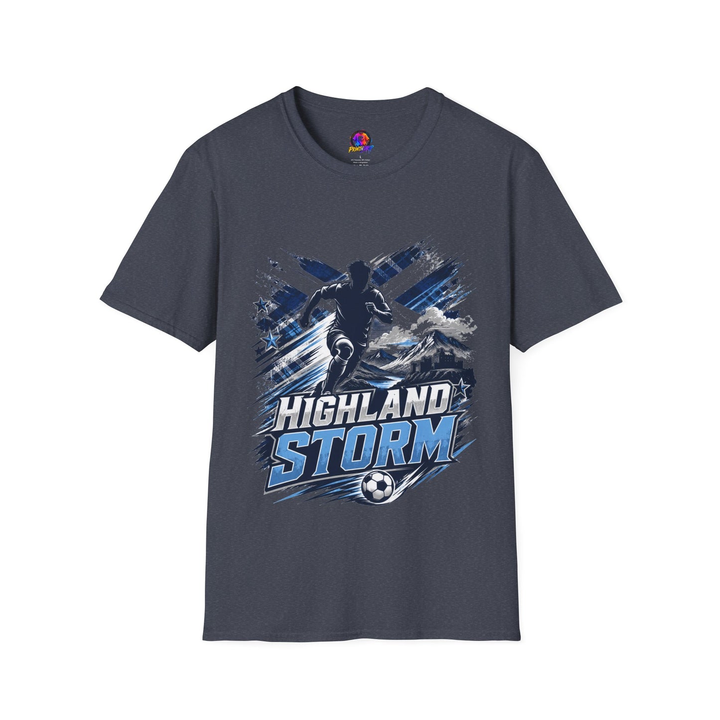 Scotland Highland Storm Soccer T-Shirt — Mountain Soccer Player Graphic Tee