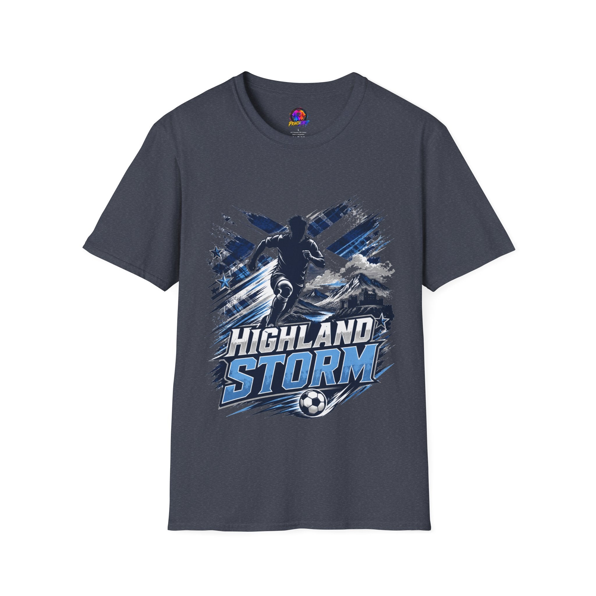 Scotland Highland Storm Soccer T-Shirt — Mountain Soccer Player Graphic Tee