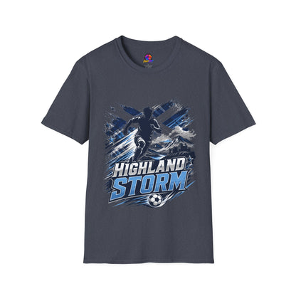 Scotland Highland Storm Soccer T-Shirt — Mountain Soccer Player Graphic Tee