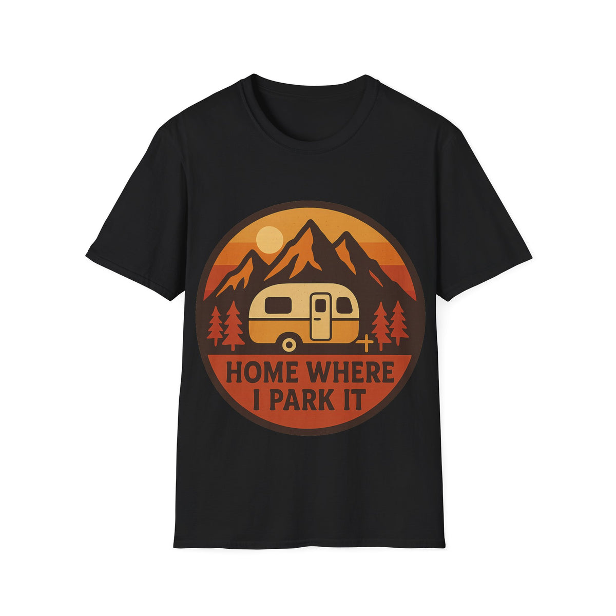 "Home Where I Park It" Vintage Camper Van Graphic Tee - Retro Sunset Mountain White T-Shirt - Trending Now - September 2026