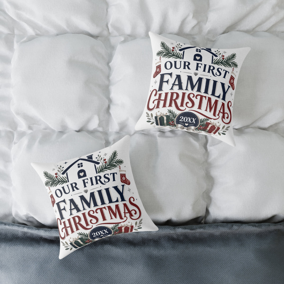 Our First Family Christmas Pillow — Personalized Holiday Decorative Throw Cushion