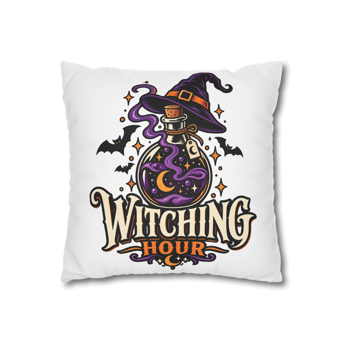 Witching Hour Square Pillowcase – Halloween Potion Witch Hat Throw Pillow Cover