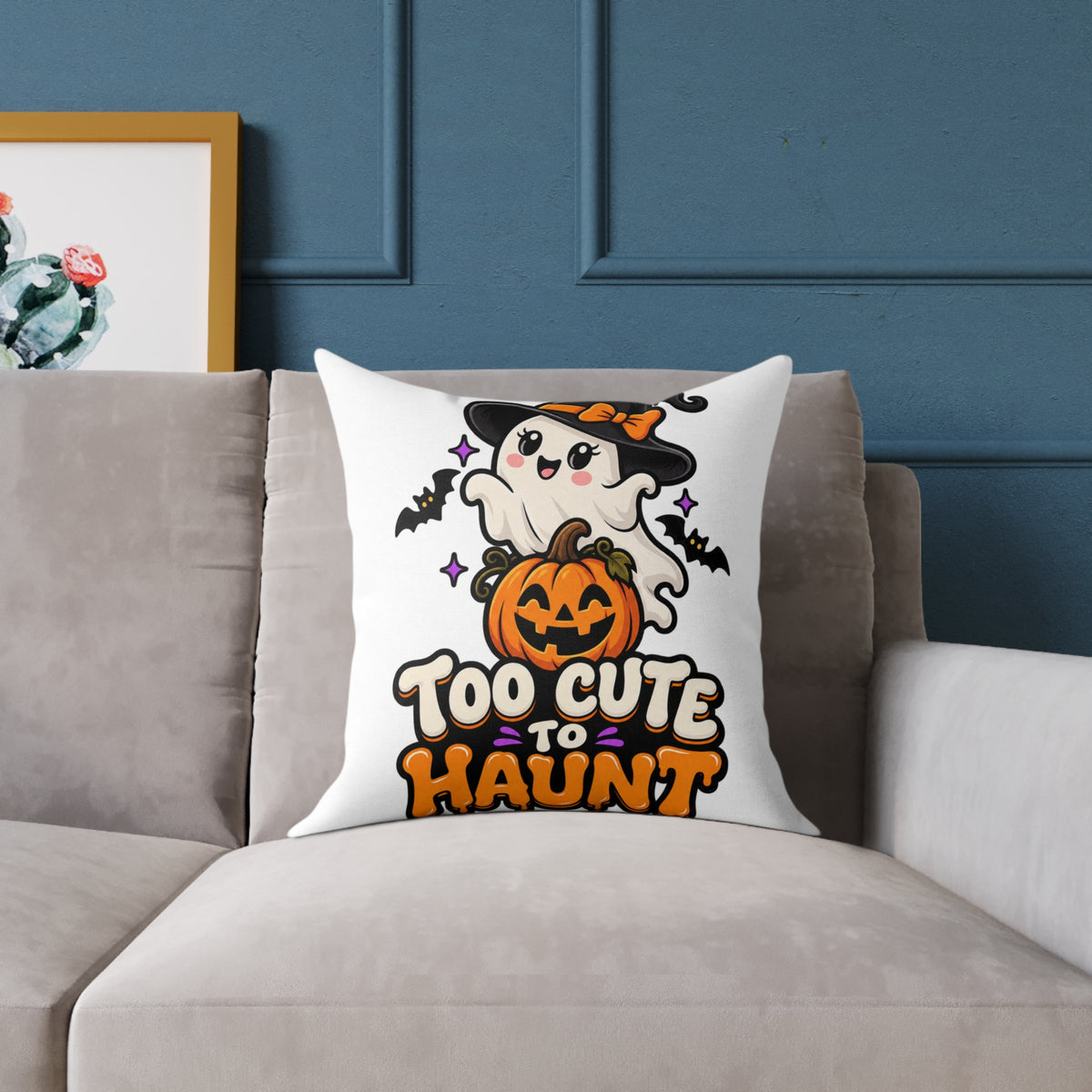 Halloween Ghost Pillow — "Too Cute to Haunt" Cute Pumpkin Decor