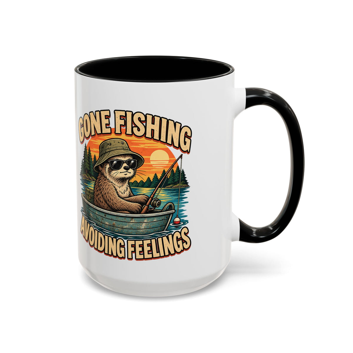 Funny And Witty "Gone Fishing Avoiding Feelings" Accent Coffee Mug (11, 15oz)