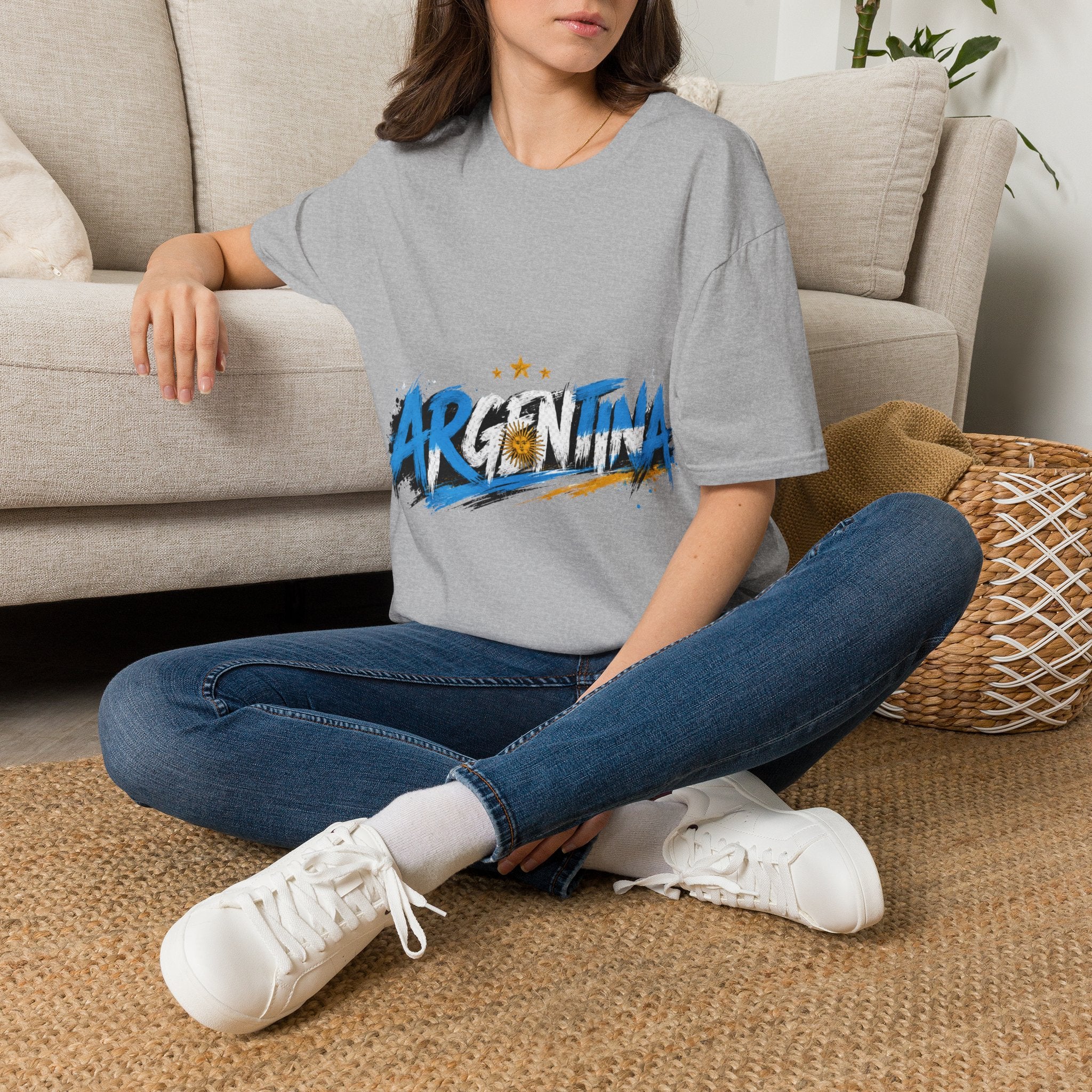 Argentina Graffiti T-Shirt — Soccer Fan Tee with Three Stars & Sun Emblem
