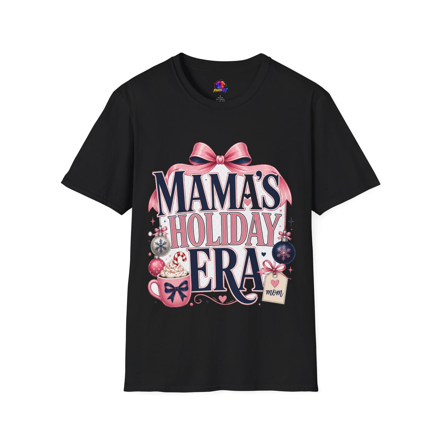 Mama's Holiday Era T-Shirt — Festive Pink Bow Christmas Tee for Moms