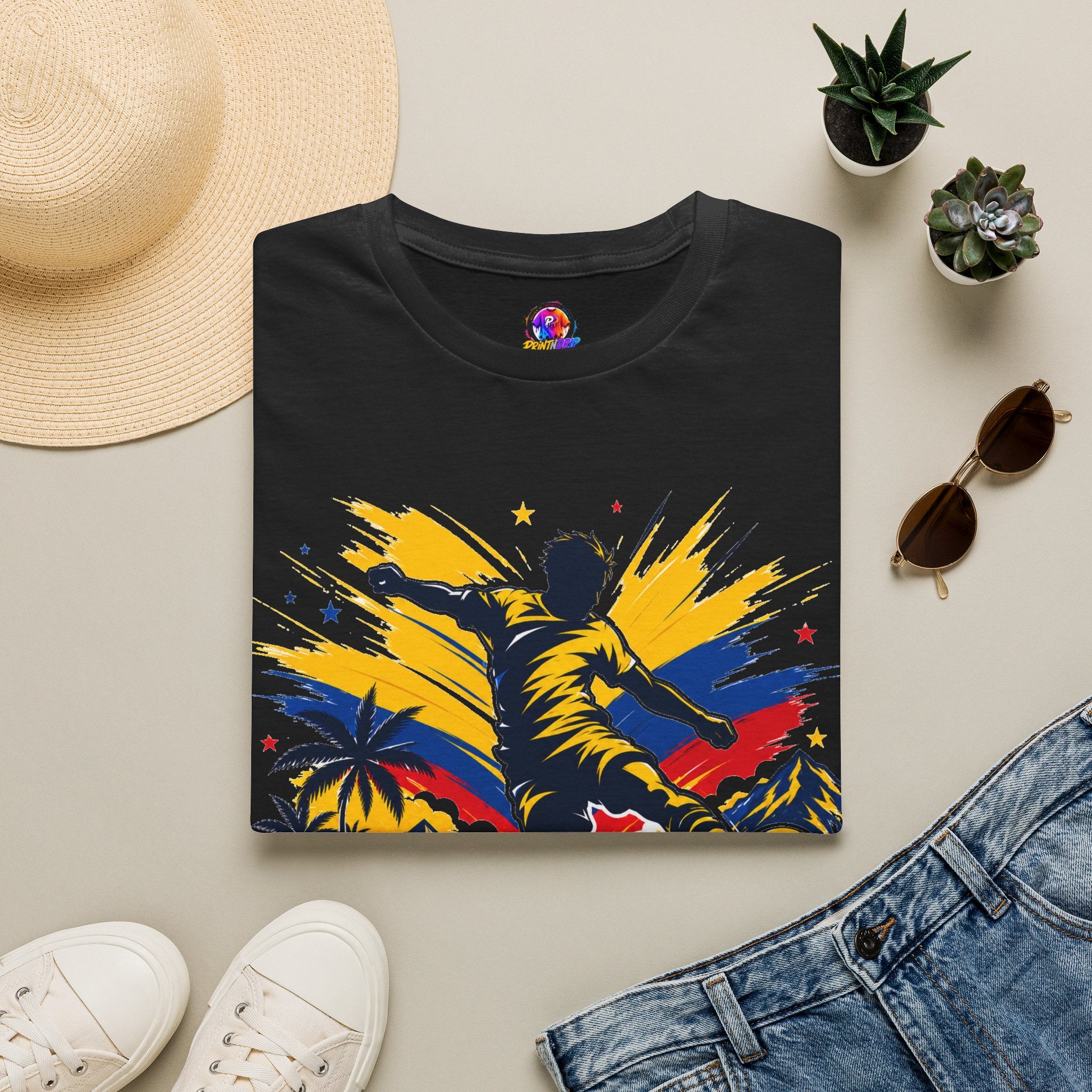 Columbia Soccer Player Graphic T-Shirt — "Golden Rhythm" Vibrant Beach Soccer Tee