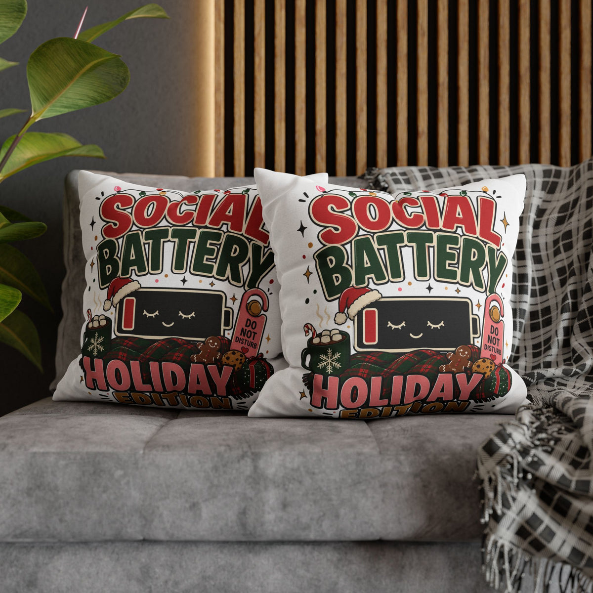 Social Battery Holiday Pillowcase  Modern Day Christmas — Cute Rechargeable Battery Christmas Throw Pillow Cover