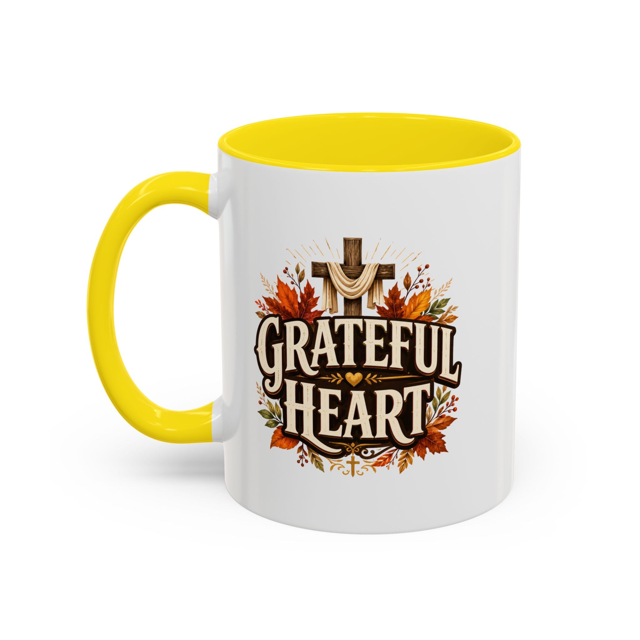 Thanksgiving Mug Grateful Heart Accent Coffee Mug – Autumn Leaves & Cross Spiritual Thanksgiving Gift