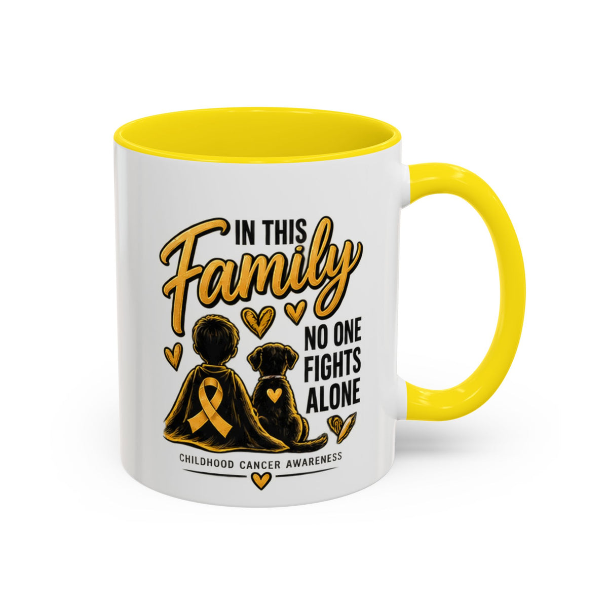 Childhood Cancer Awareness Coffee Mug — "In This Family No One Fights Alone"
