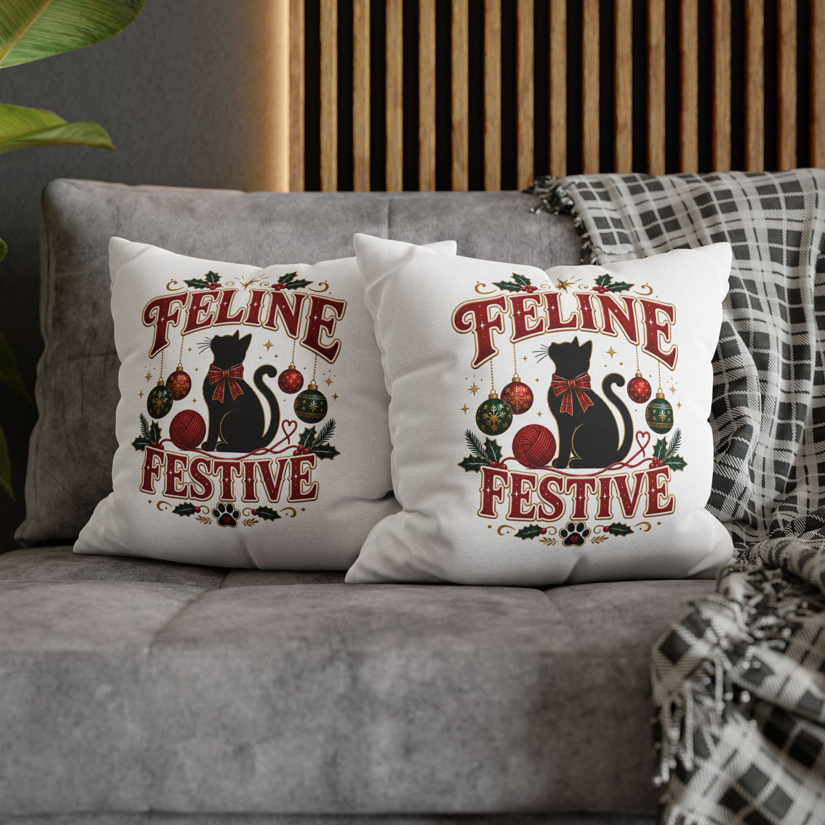 Feline Festive Christmas Pillowcase — Christmas Cat Decorative Throw Pillow Cover