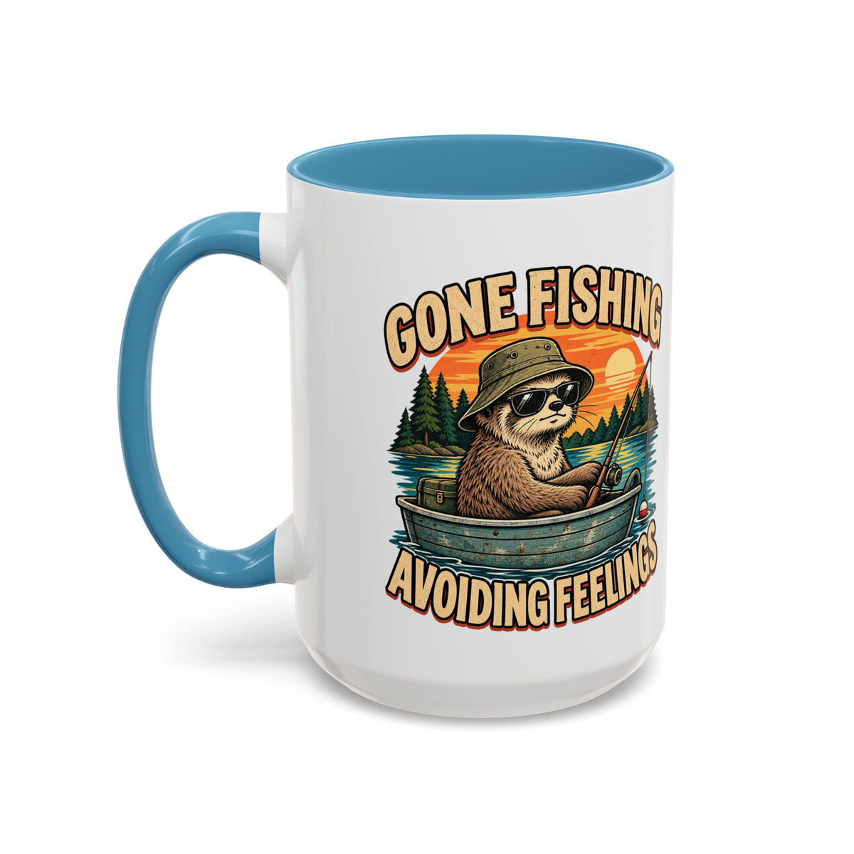 Funny And Witty "Gone Fishing Avoiding Feelings" Accent Coffee Mug (11, 15oz)