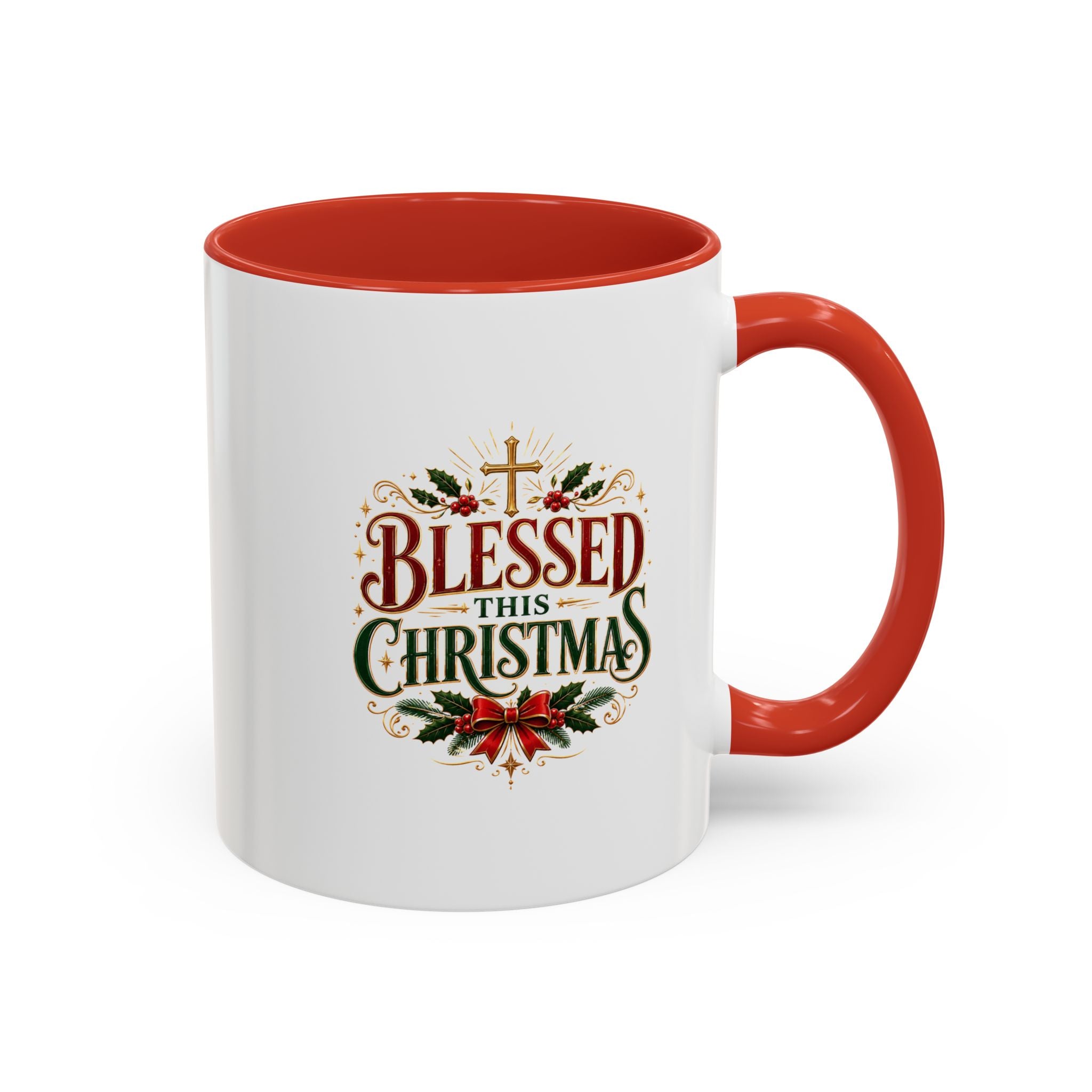 Blessed This Christmas Accent Coffee Mug – Holiday Religious Poinsettia Coffee Cup