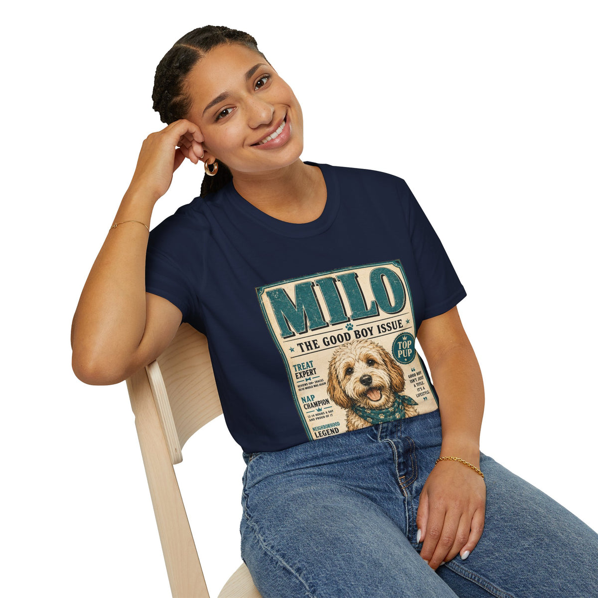 Milo 'The Good Boy Issue' Dog T‑Shirt — Vintage Puppy Magazine Design