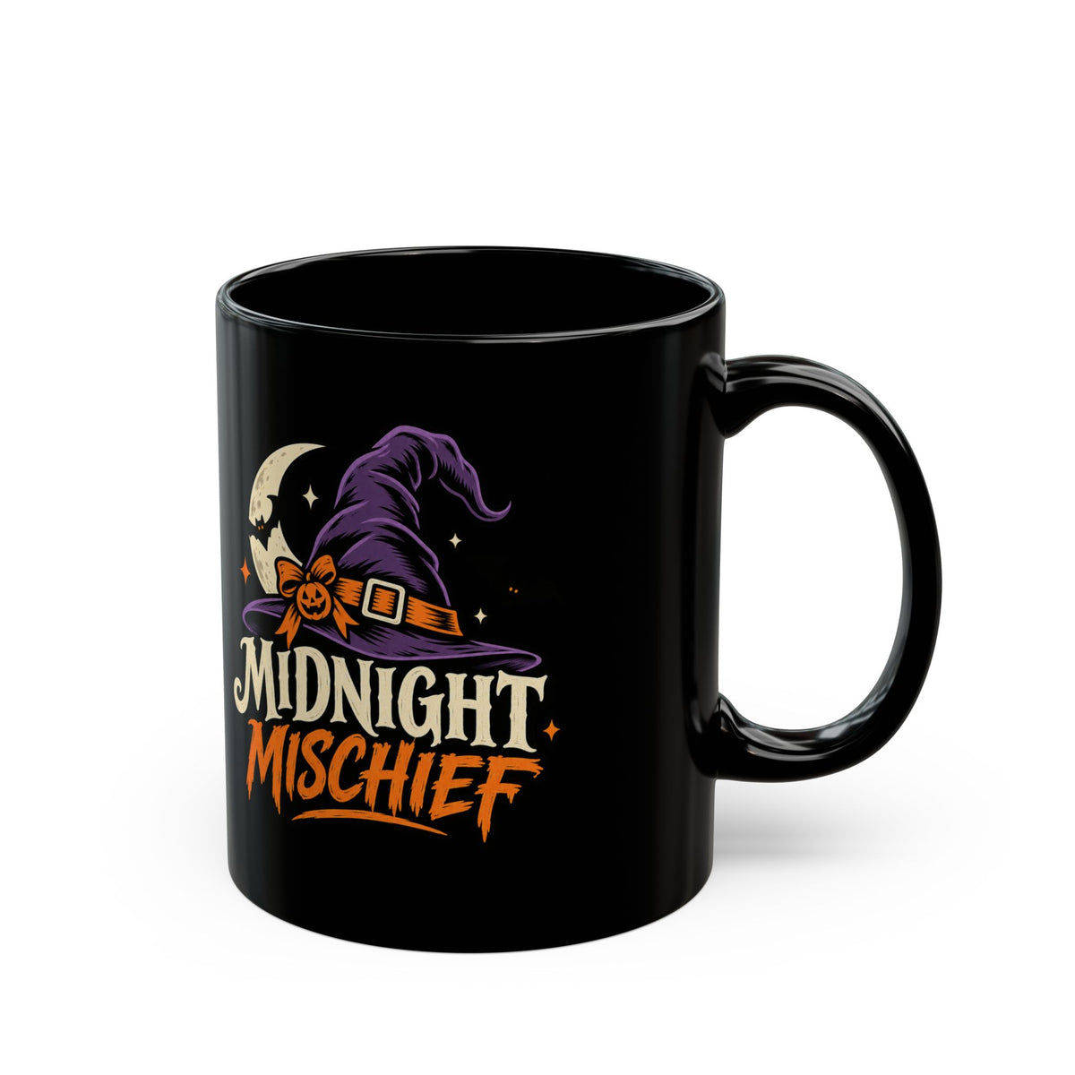 Midnight Mischief Halloween Mug — Witch Hat Moon Design (11oz/15oz Black)