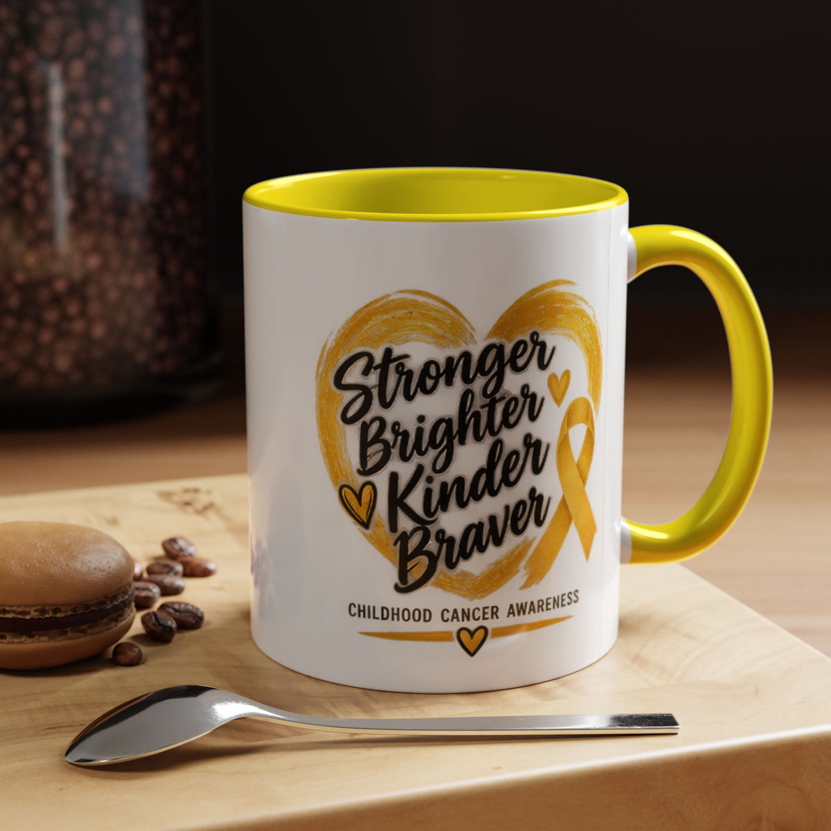 Childhood Cancer Awareness Accent Coffee Mug — "Stronger Brighter Kinder Braver"