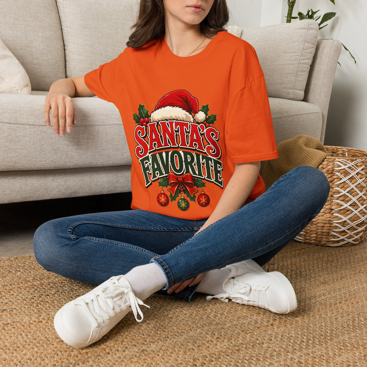 Santa's Favorite T-Shirt — Festive Christmas Tee with Santa Hat & Holly