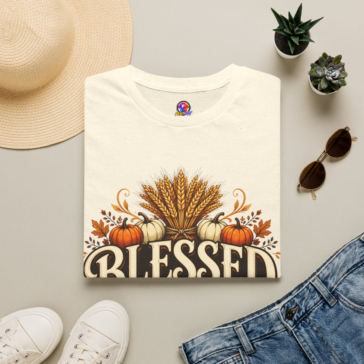 Thanksgiving T-Shirt Blessed Beyond Measure T-Shirt — Fall Harvest Pumpkin & Wheat Tee