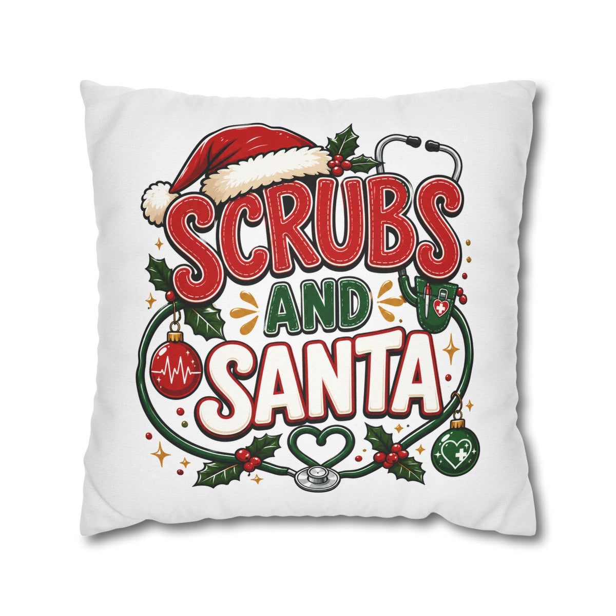 Christmas Scrubs and Santa Holiday Pillowcase – Christmas Nurse Decorative Throw Pillow Cover