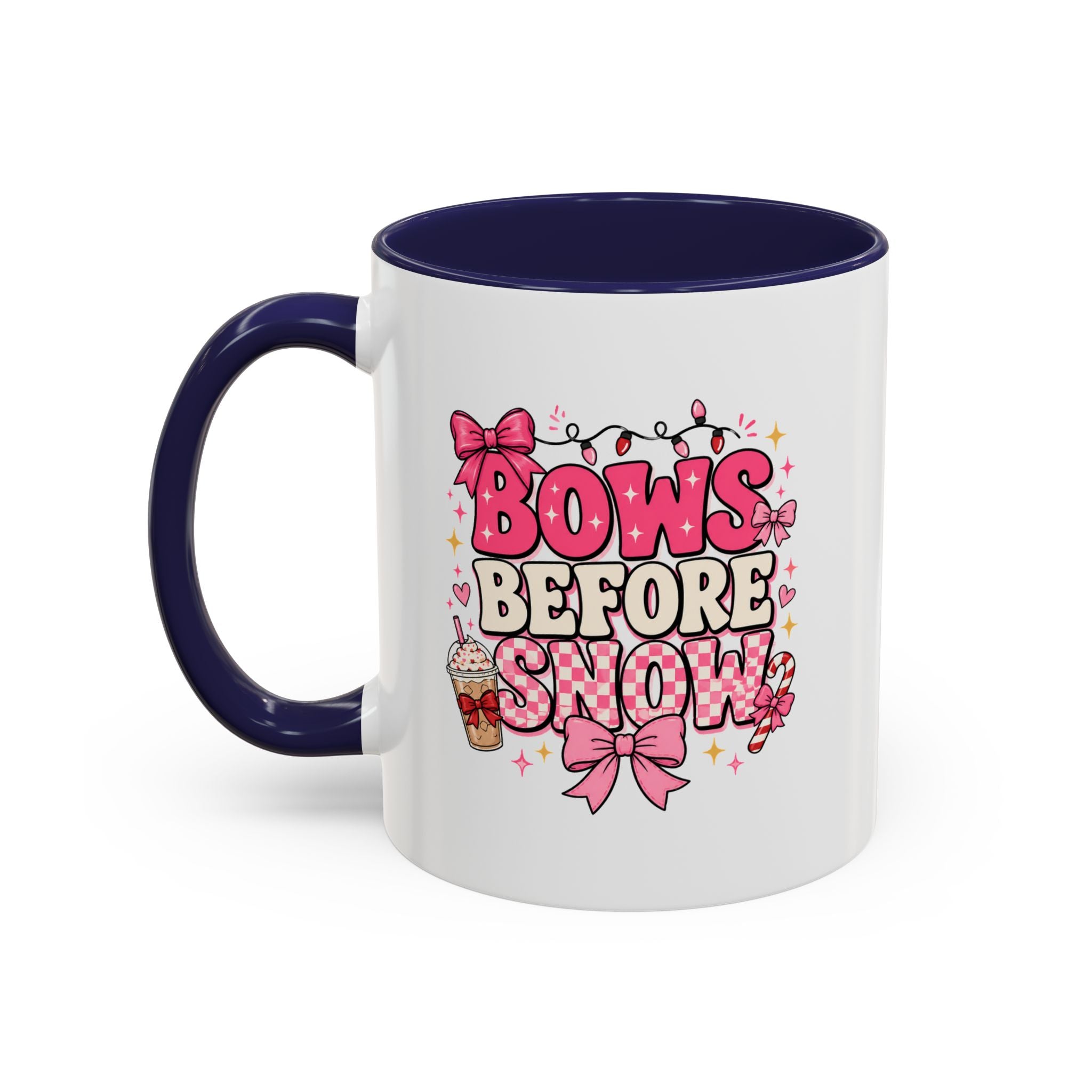 Modern Day Christmas Bows Before Snow Accent Coffee Mug — Cute Pink Holiday Hot Cocoa Design (11/15oz)