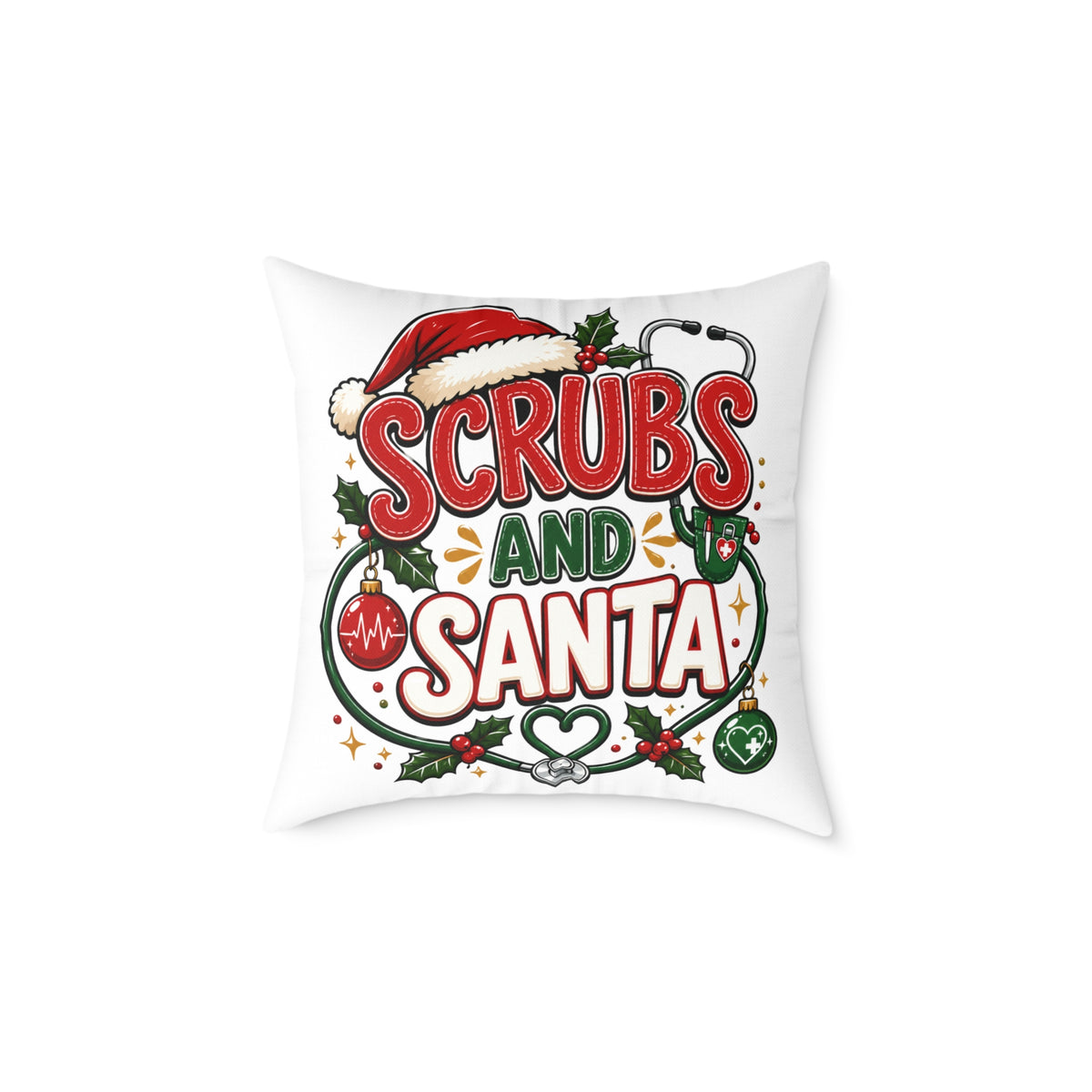 Christmas Square Pillow — Scrubs and Santa Christmas Cushion for Nurses