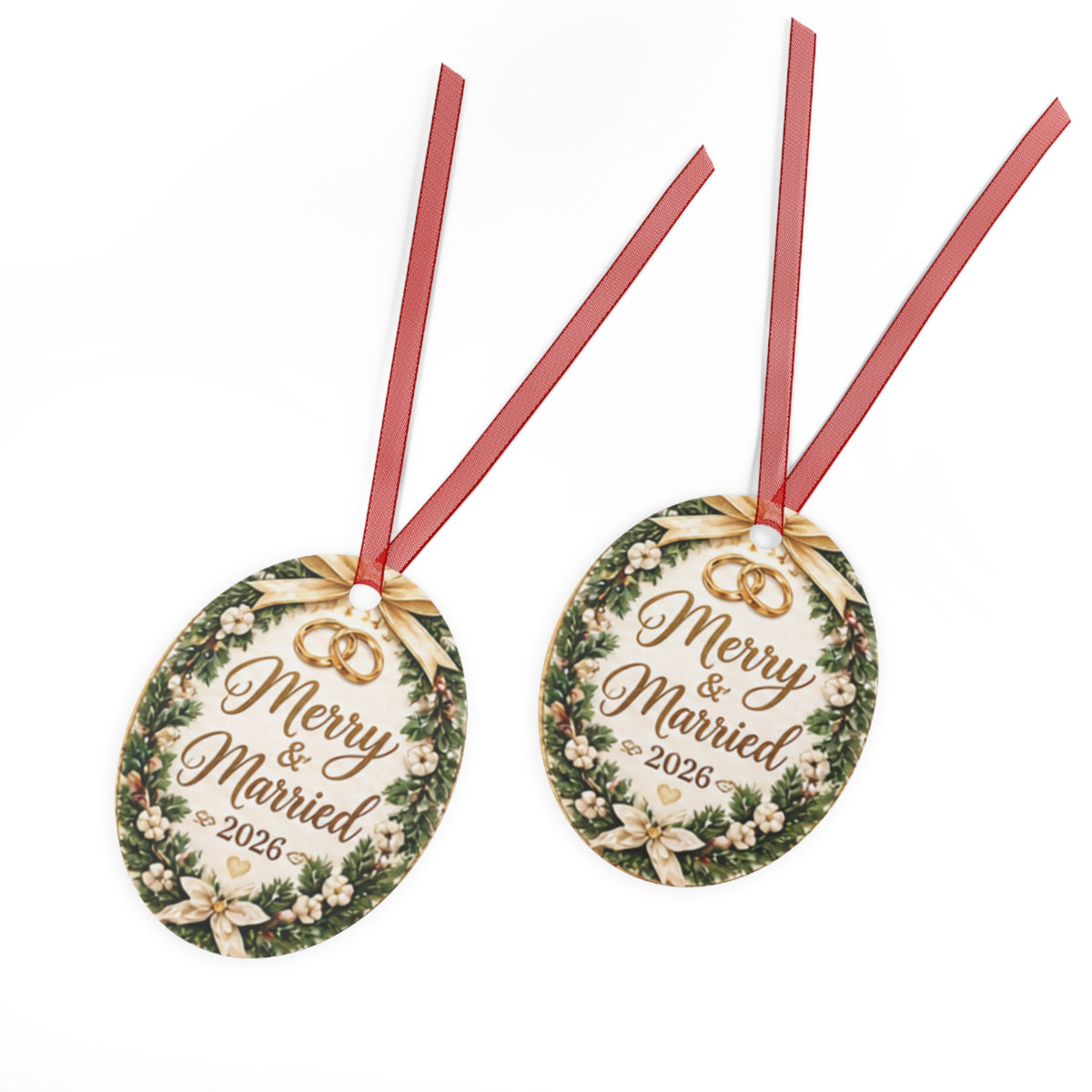 Merry & Married 2026 Metal Ornament — Wedding Keepsake Christmas  Holiday Decoration