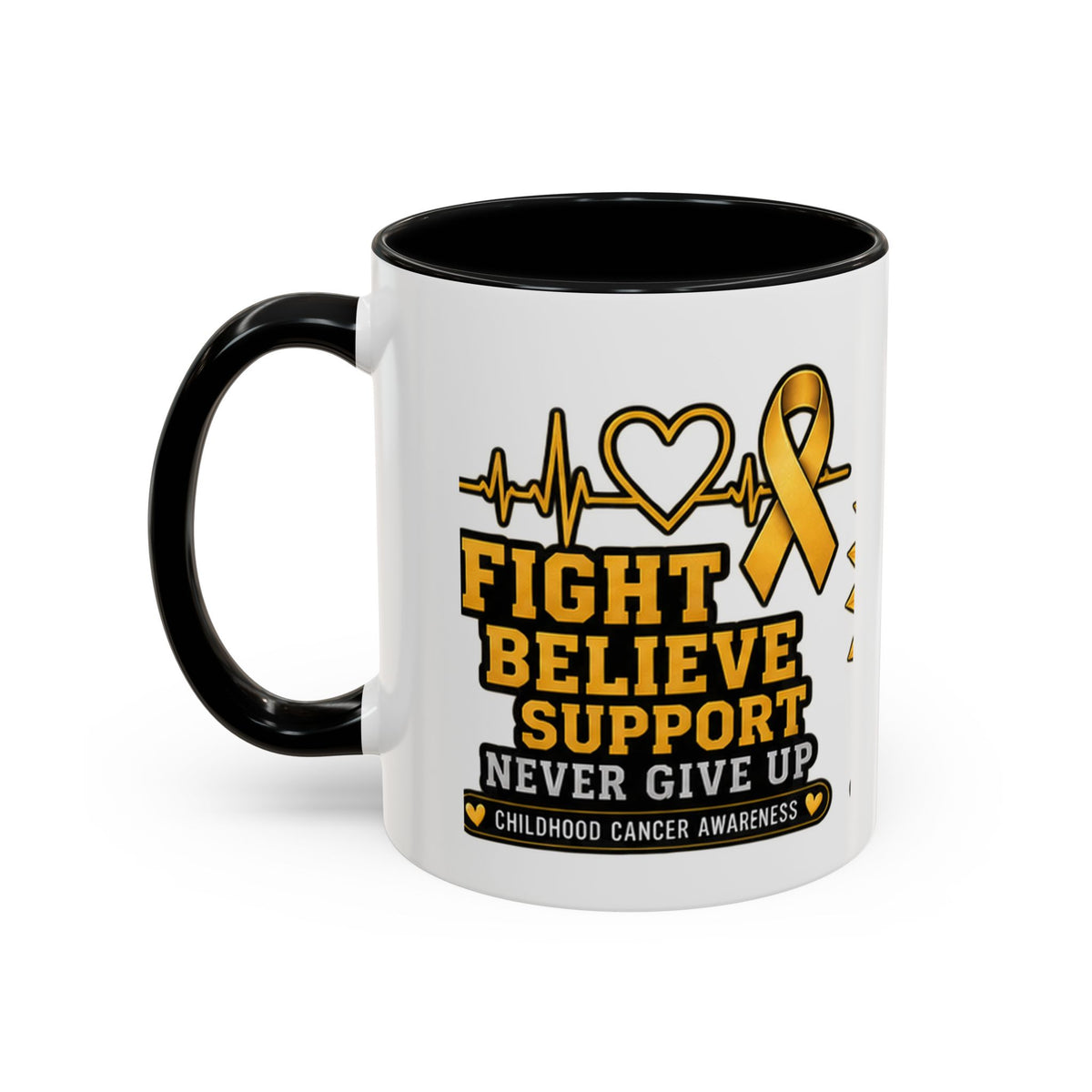 Childhood Cancer Awareness Accent Coffee Mug — "Fight Believe Support" 11/15oz