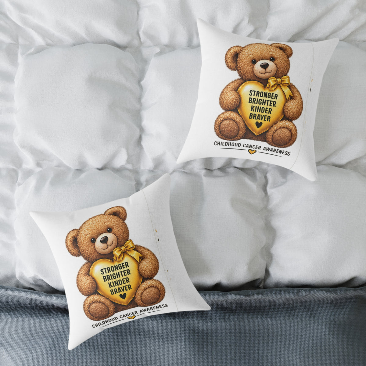 Childhood Cancer Awareness Teddy Bear Pillow — "Stronger Brighter Kinder Braver" Square Throw Pillow