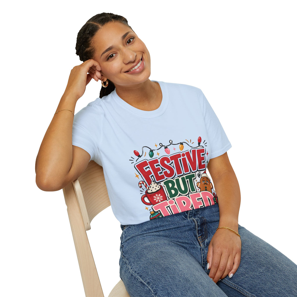 Festive But Tired T-Shirt — Holiday Christmas Crew Tee with Lights & Gingerbread