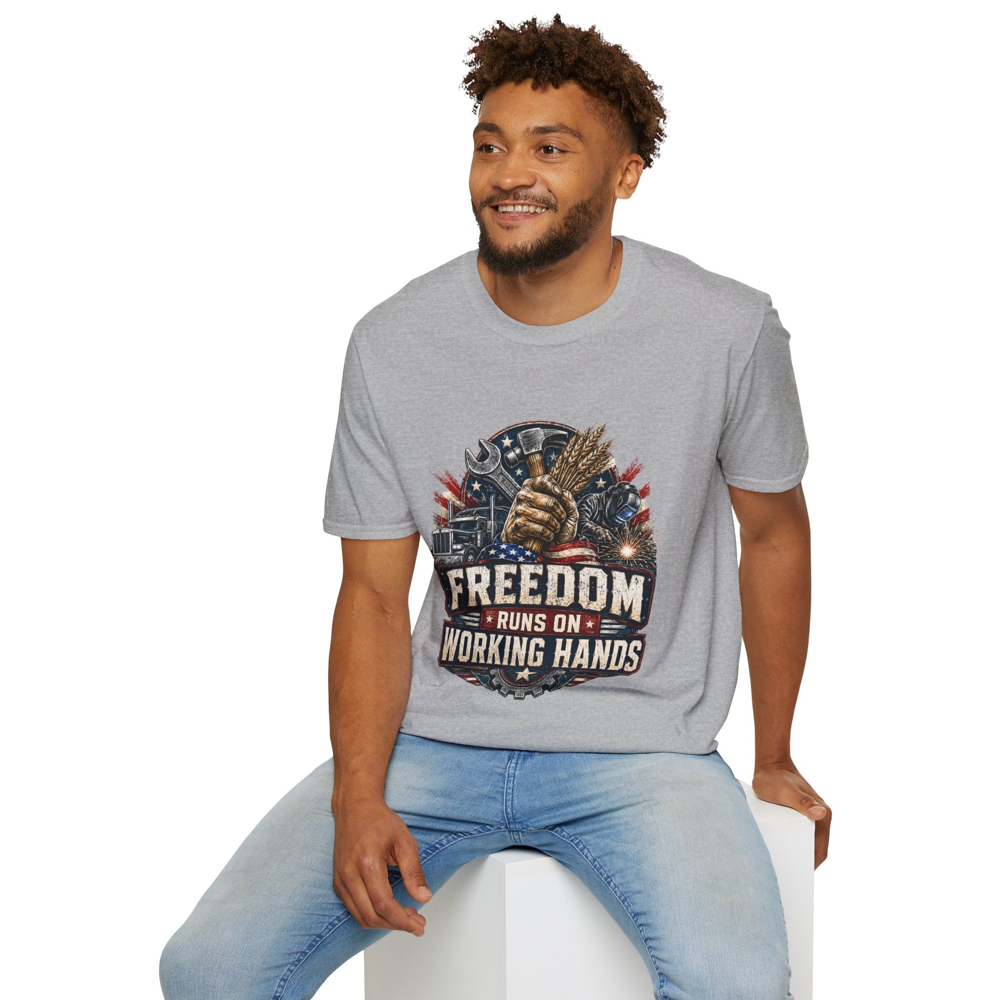 Freedom Runs on Working Hands T-Shirt — Patriotic Mechanic Tool & Wheat Design