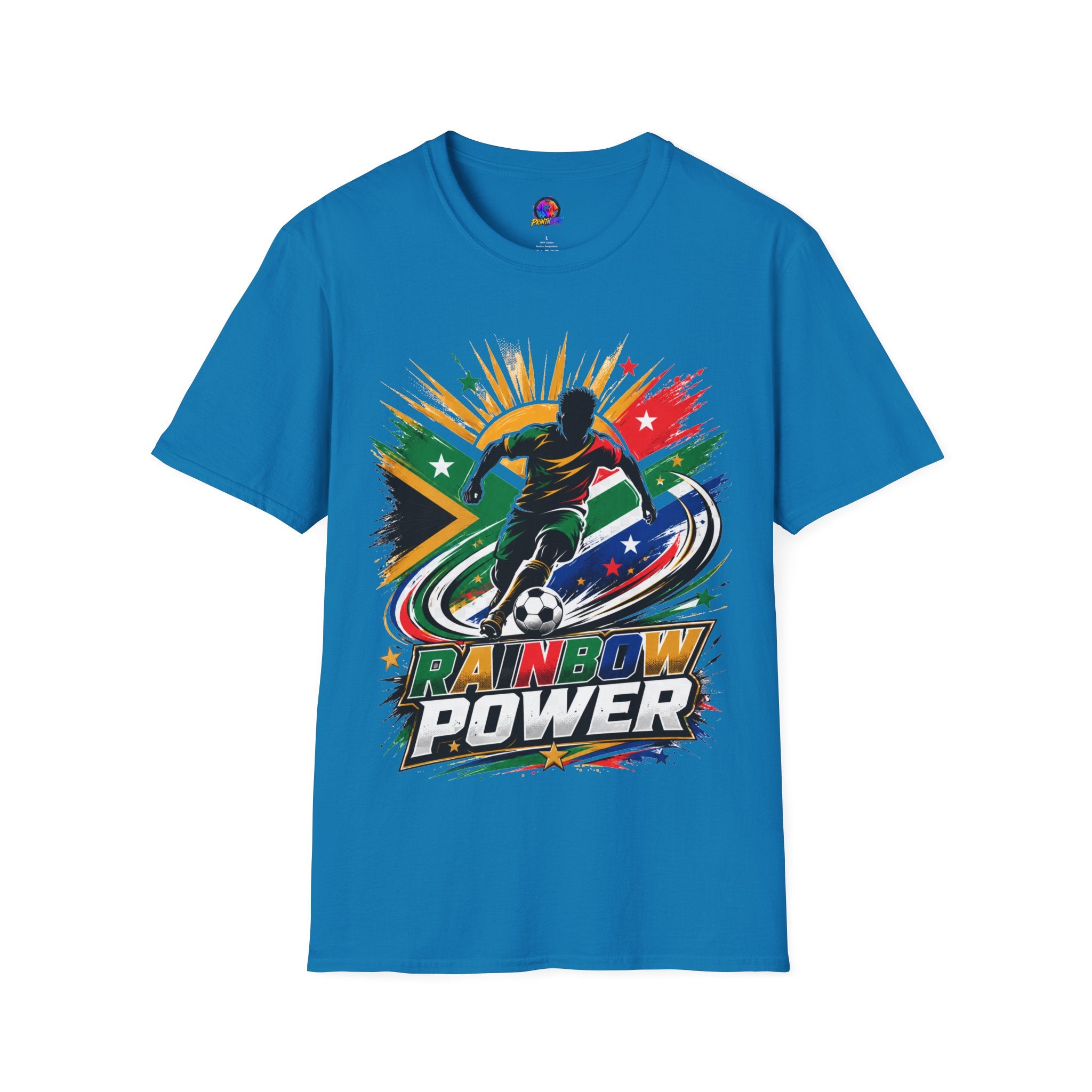 South Africa Soccer Rainbow Power T-Shirt — Colorful Football Player Graphic Tee