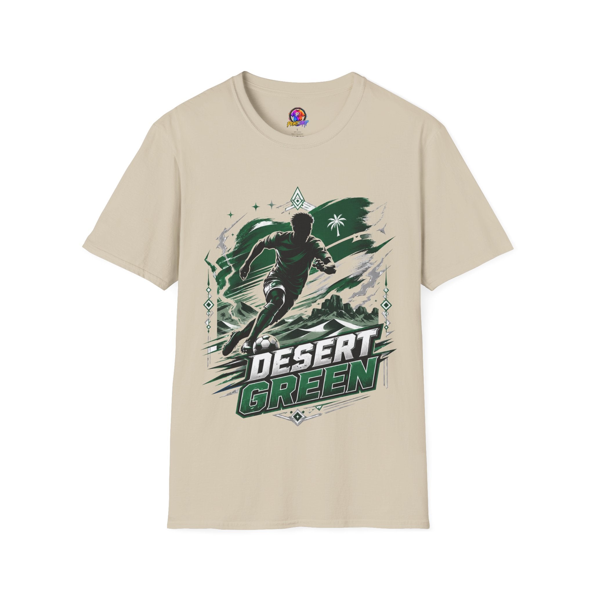 Saudi Arabia Desert Green Soccer T-Shirt — Silhouette Player Graphic
