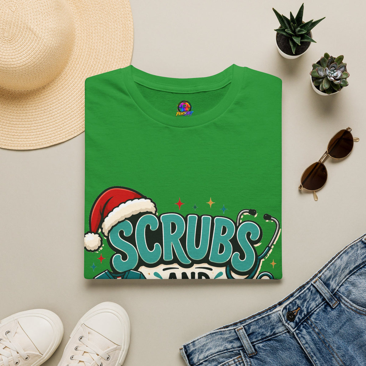 Scrubs and Santa Christmas T-Shirt — Cute Holiday Nurse Tee