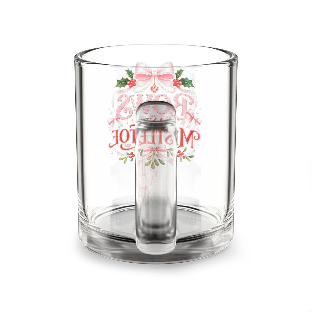 Christmas Glass Mug 10 oz Glass Mug — "Bows and Mistletoe" Christmas Holiday Coffee Mug, 10oz