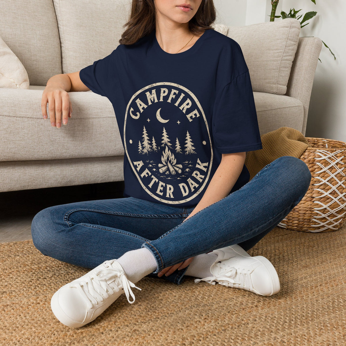 Campfire T-Shirt — 'Campfire After Dark' Vintage Moon & Trees Graphic