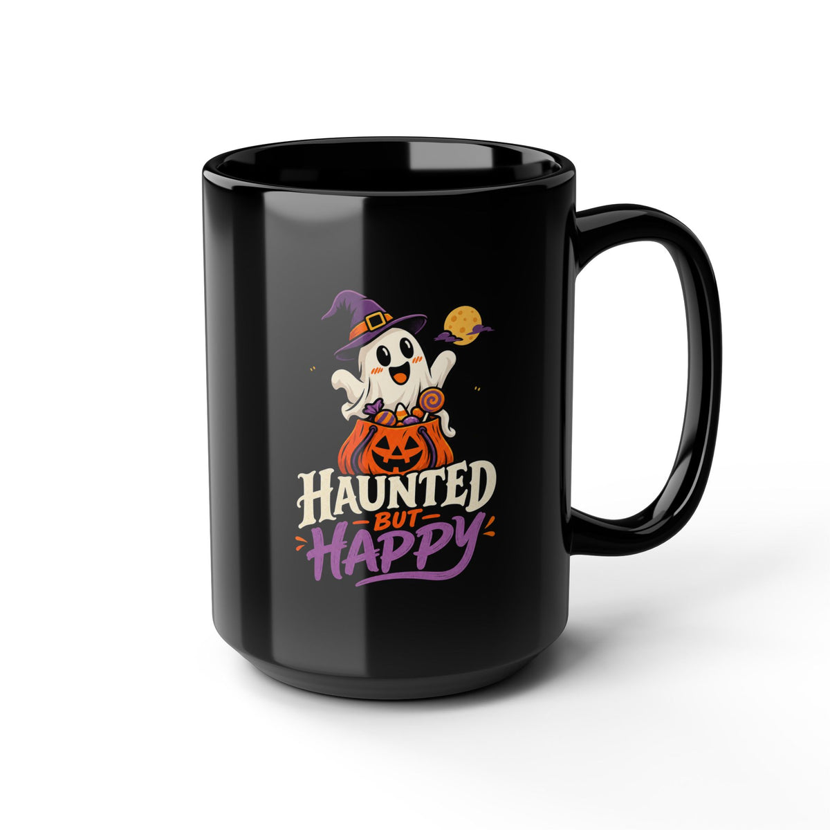 Haunted But Happy Halloween Mug — Cute Ghost Pumpkin Black Coffee Cup